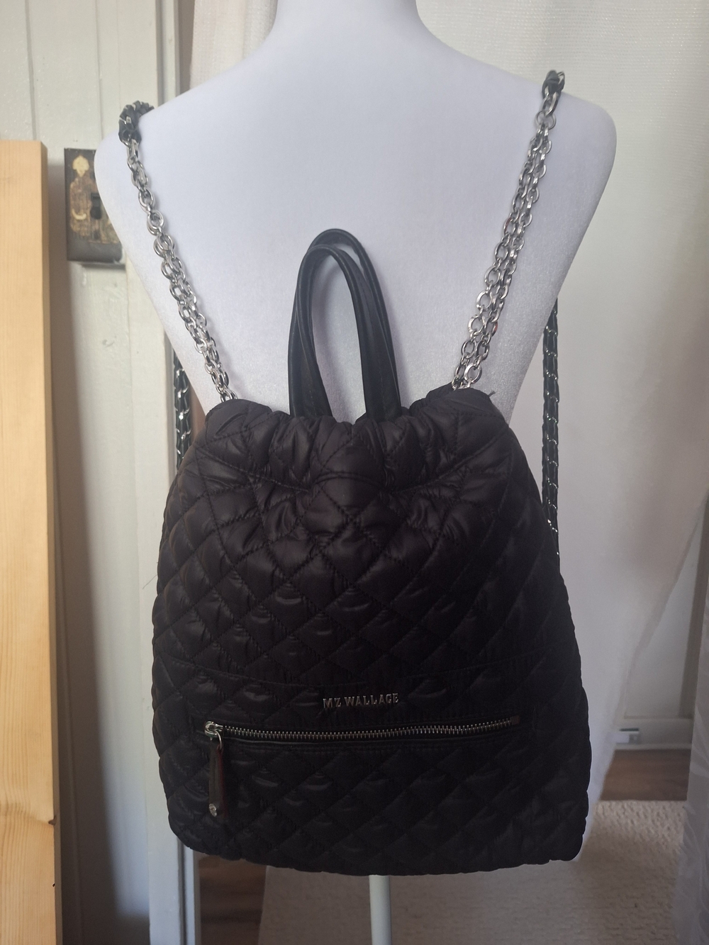 MZ Wallace Black Quilted Backpack with Silver Chain Straps